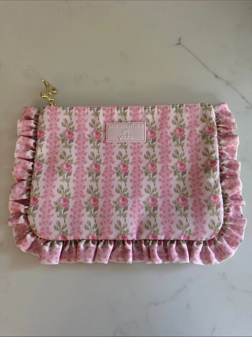 LoveShackFancy Pink Floral Ruffle Kids Pouch with Gold-tone Charm